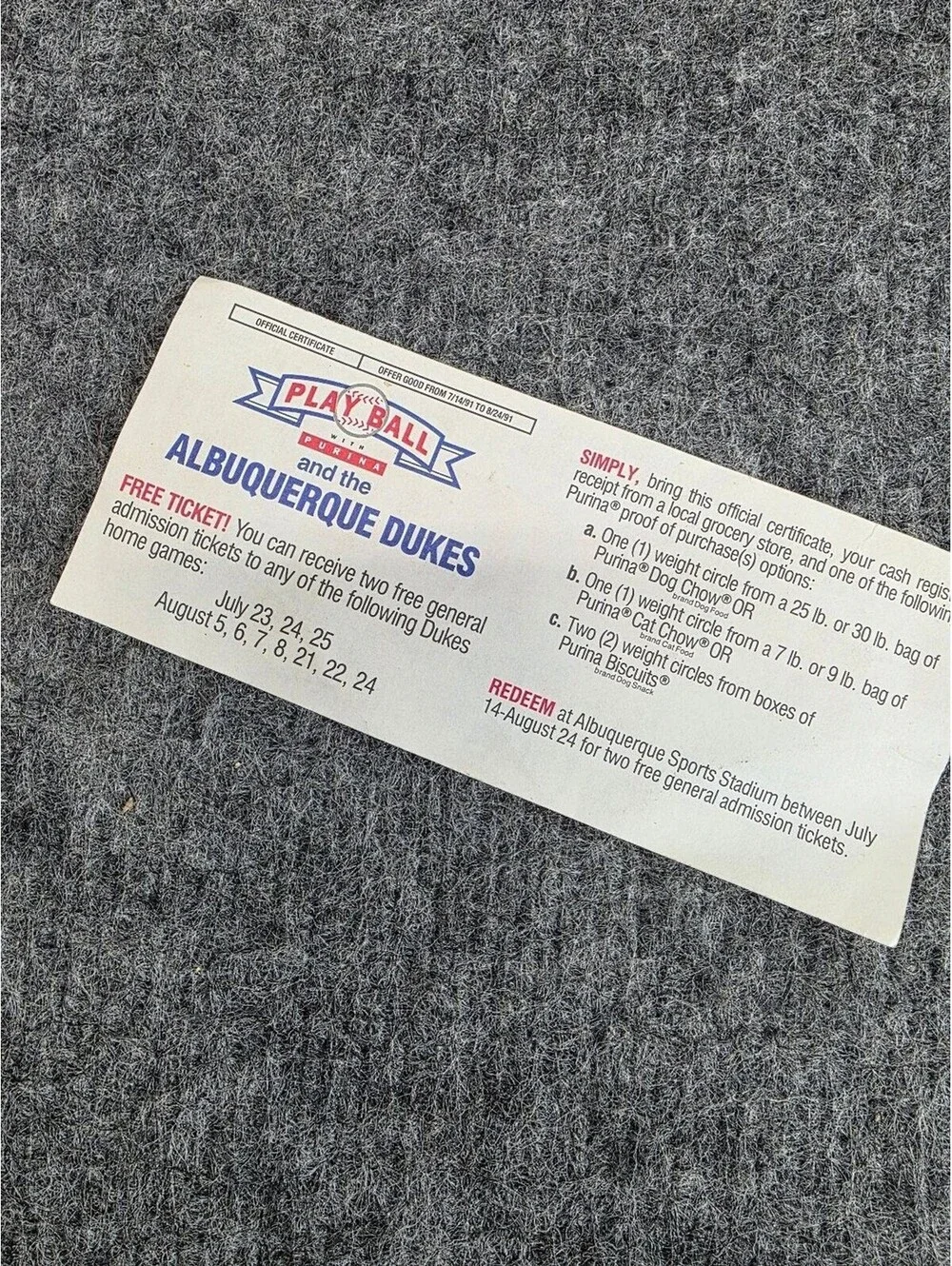 Albuquerque Dukes 1991 Free Ticket Promo Baseball Ephemera